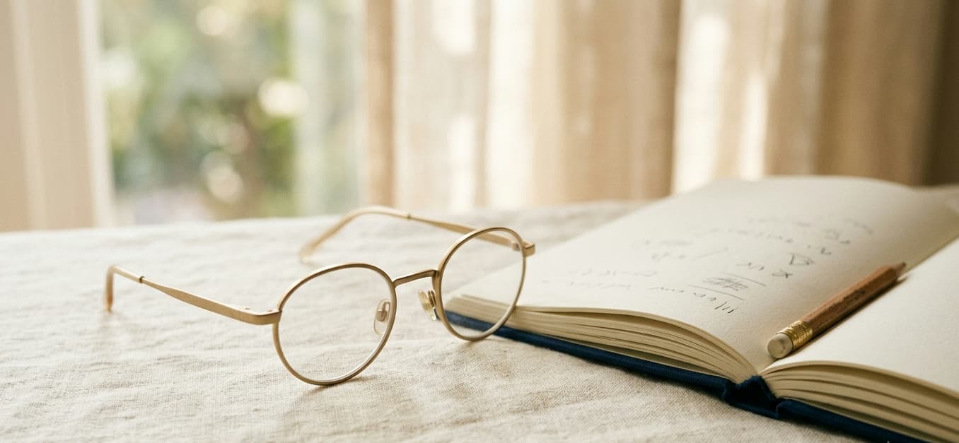 Lentes de montura dorada redonda sobre un mantel de lino junto a un cuaderno abierto y un lápiz — imagen ilustrativa