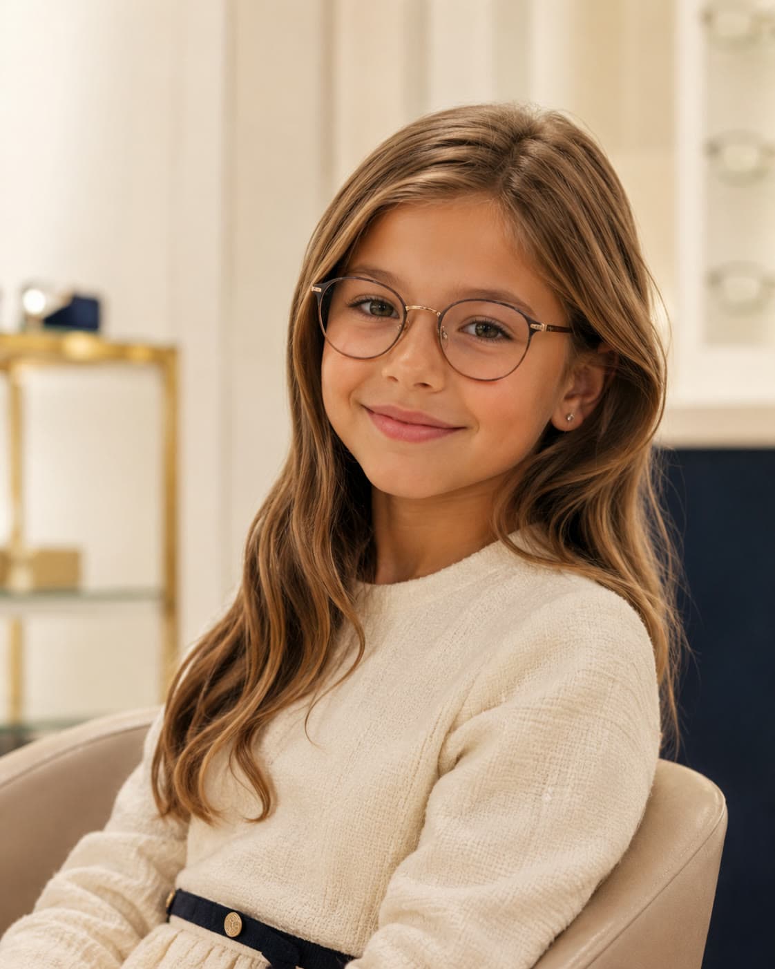 Niña sonriendo con lentes de montura redonda en un ambiente cálido de óptica — imagen ilustrativa